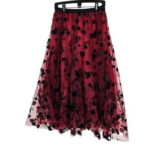 Whimsigoth Red Sheer Tulle Floral Skirt Fairy Small Festival Romantic Valentine